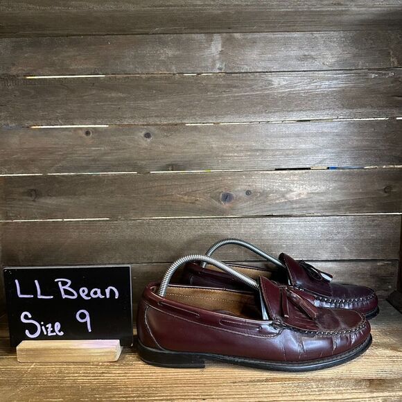 Mens LL Bean Mahogany Brown Leather Tassel Fringe Penny Loafers Size 9‎ D - Picture 1 of 6